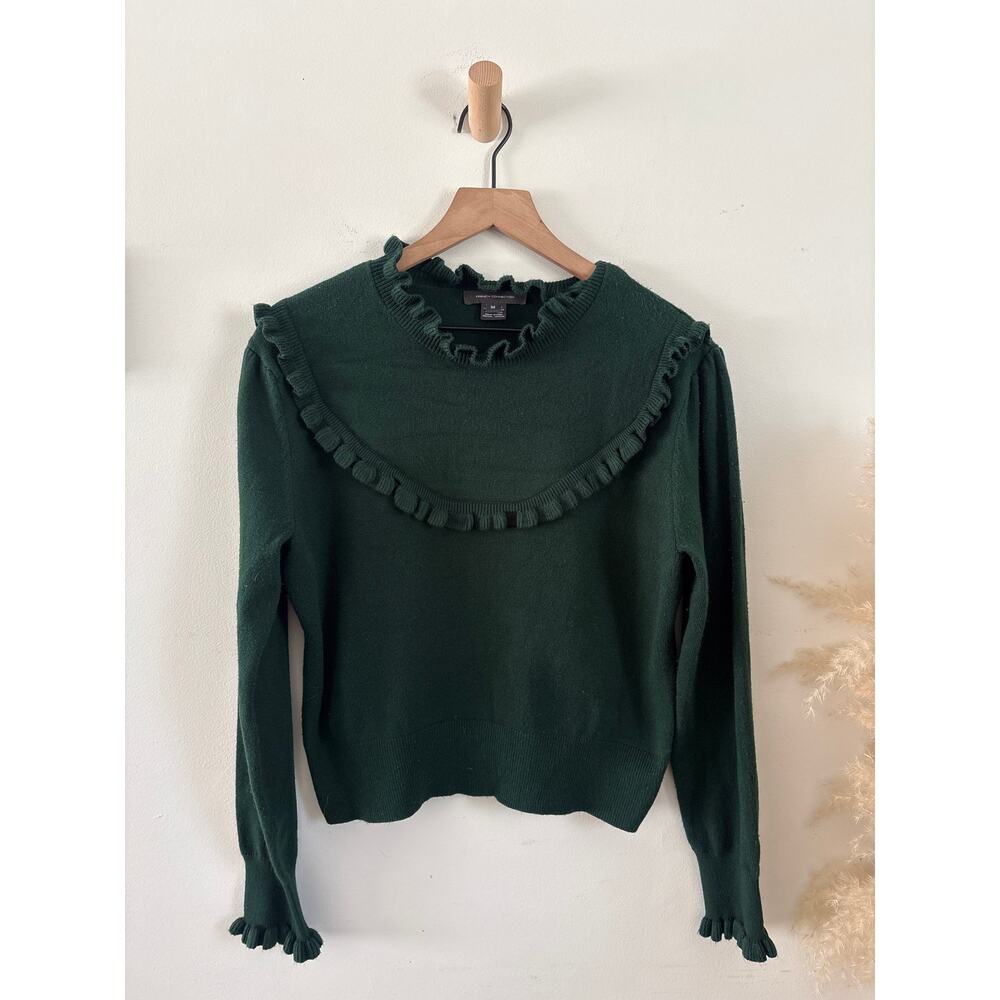French Connection Ruffle Trim Bib Sweater Medium Dark Green Victorian Regency